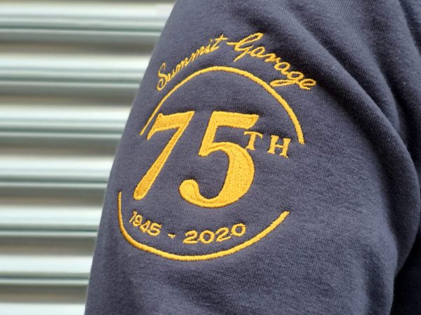 Logo close-up of the Limited Edition ‘75th Anniversary’ Hooded Sweatshirt