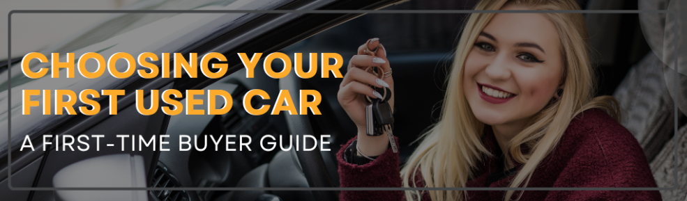 Young happy woman in her new used car with keys in hand.